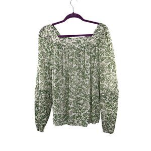 LC Lauren Conrad Blouse Womens L Lightweight Green & Cream Peasant Top